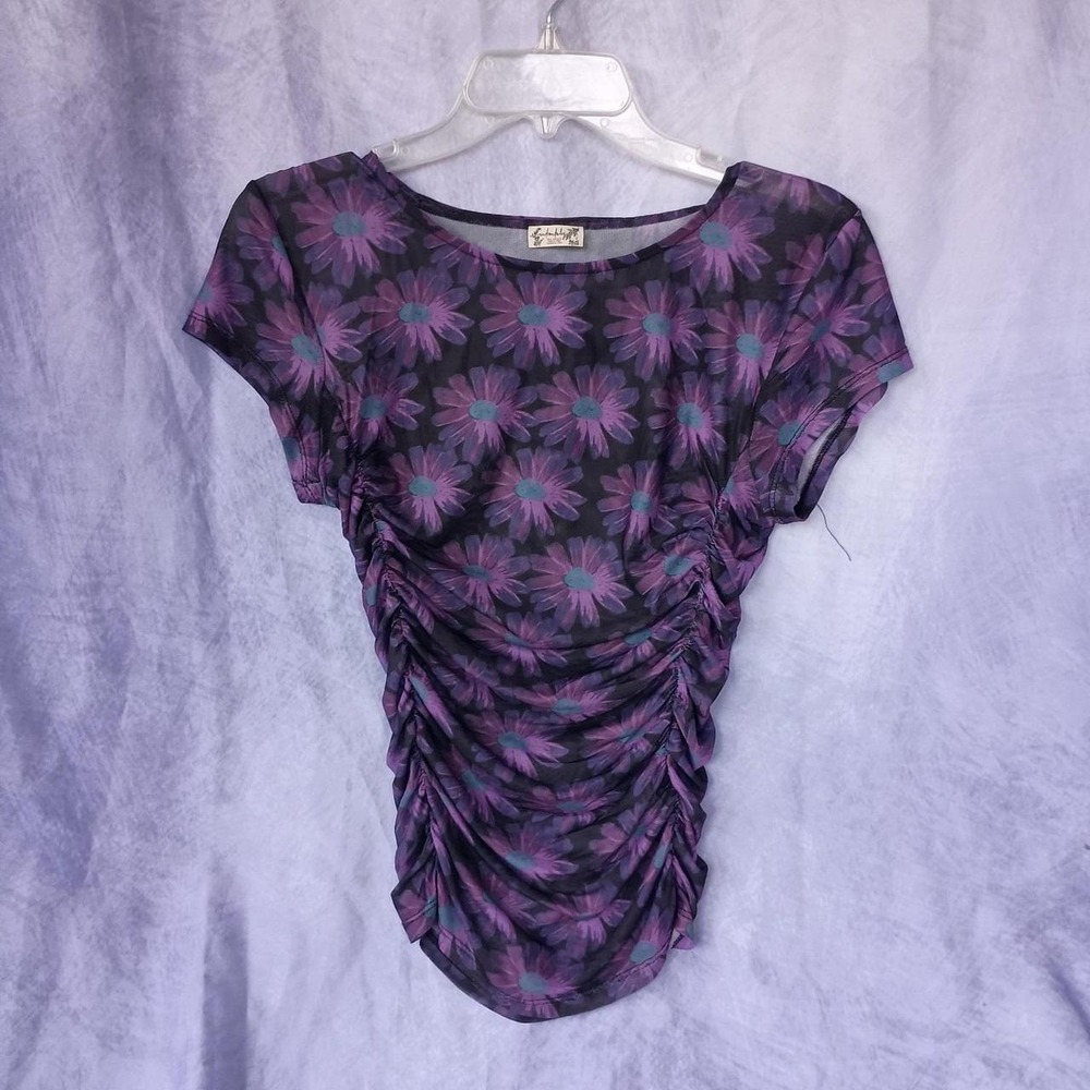 Free People Purple Floral Mesh Ruched Top